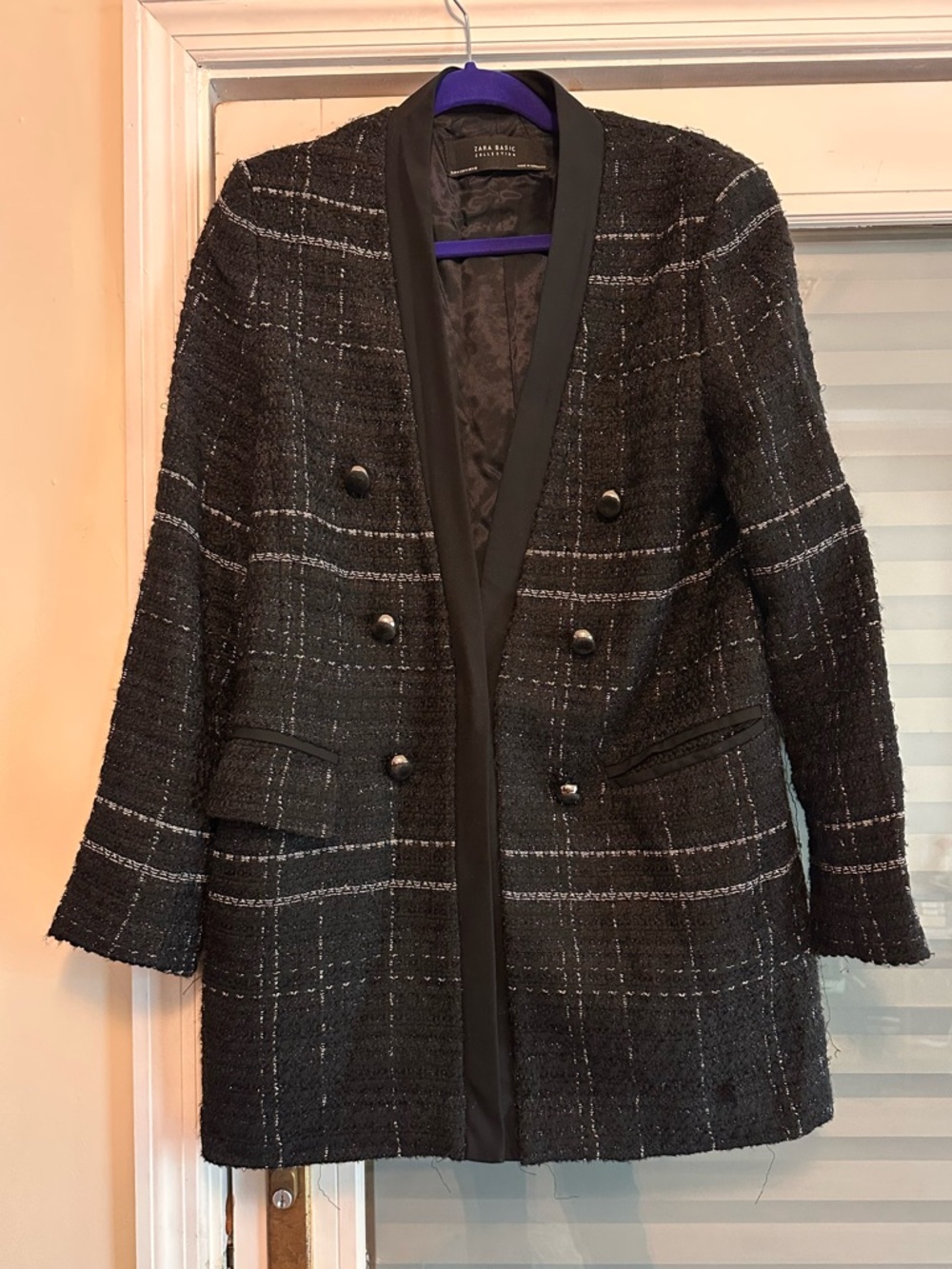 Zara Black Tweed Double-Breasted Blazer Jacket with White Windowpane